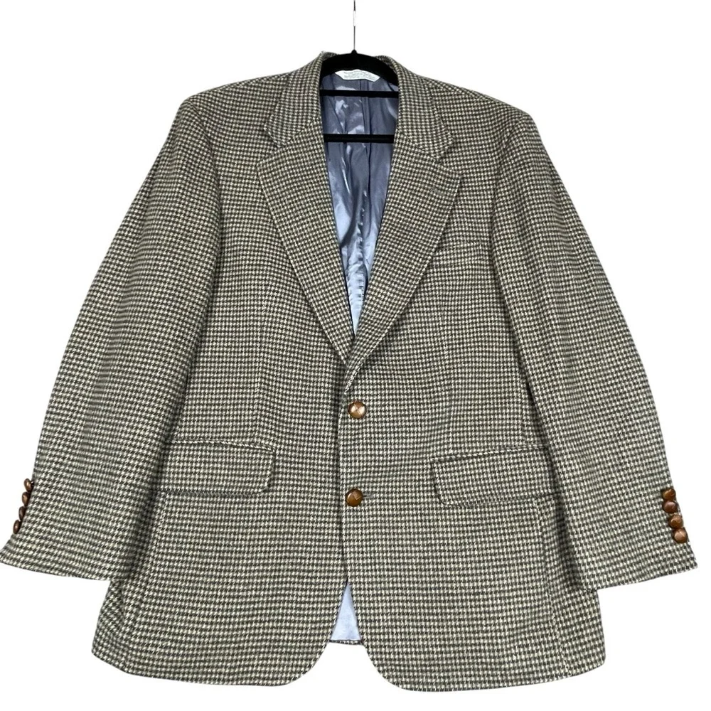 Land's End Classic Houndstooth Wool Camel Hair Preppy Sport Coat Blazer 40R